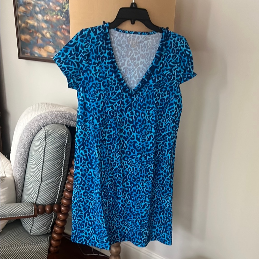 Lilly Pulitzer Turquoise and Navy Leopard Print Cotton Dress with Pompom trim
